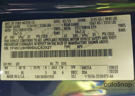 2013 Ford Escape Sel z USA, uszkodzony, nr VIN 1FMCU9H90DUC63527